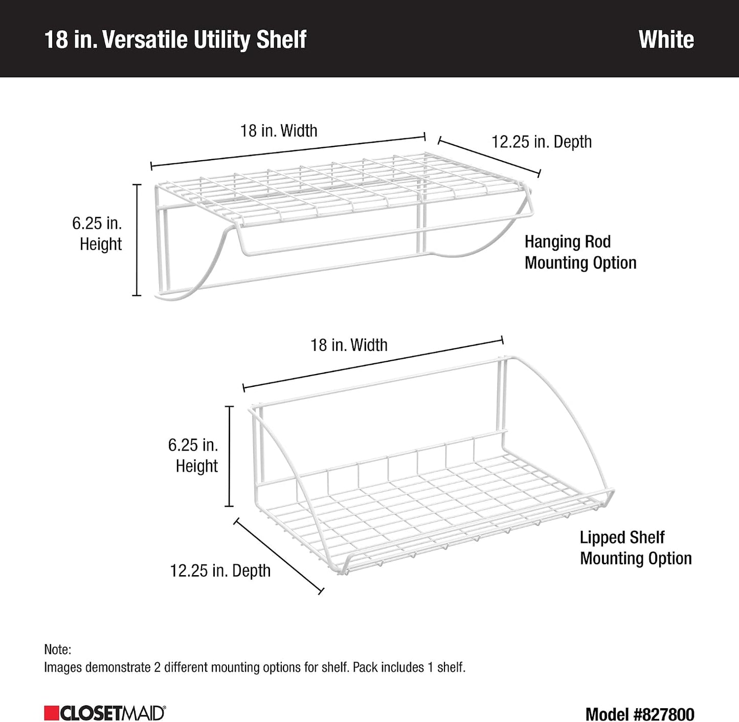 ClosetMaid 8278 18-Inch Wide Laundry Utility Hanger Shelf, White
