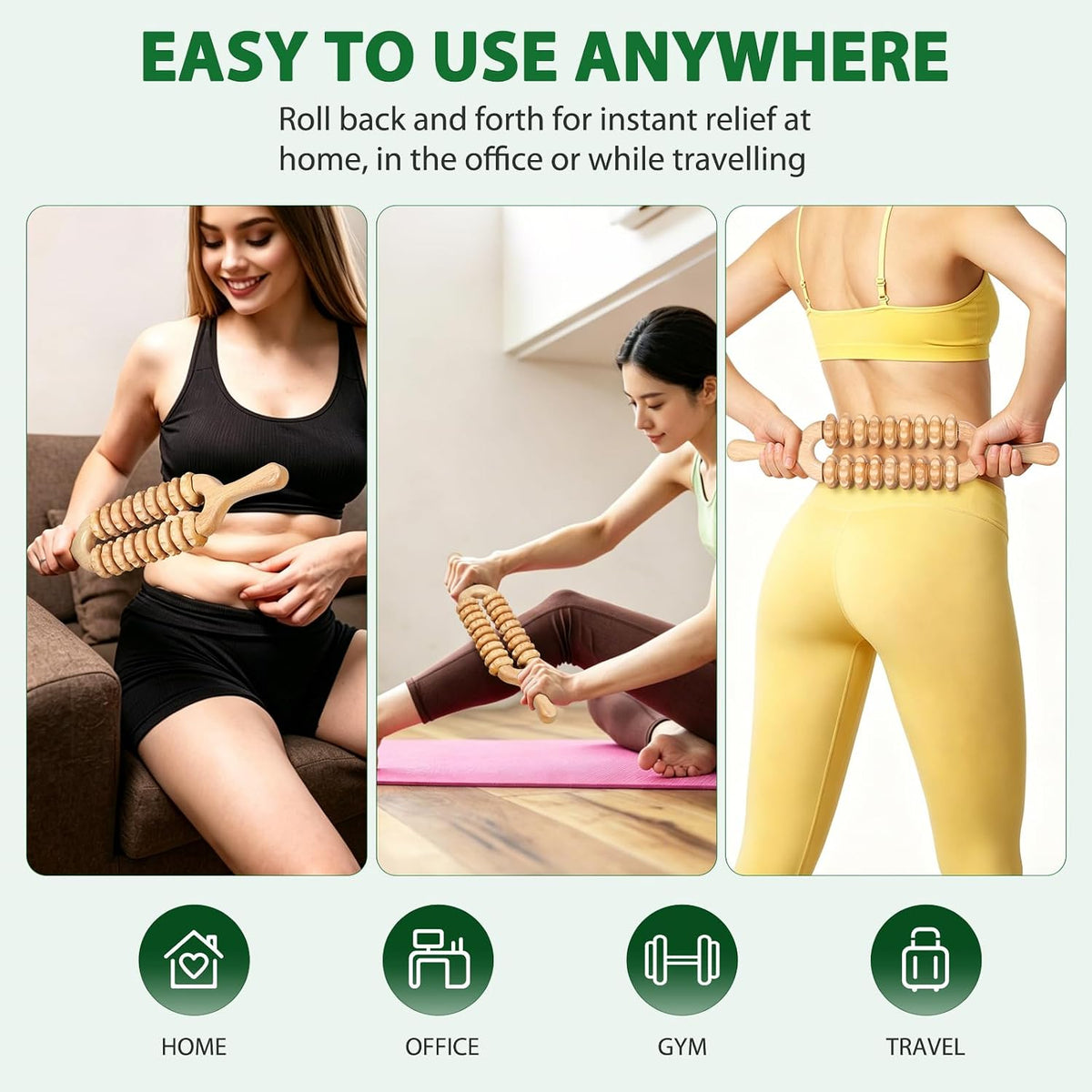 Liitrton Manual Wooden Massage Roller Stick for Muscle Relief, 11-Wheel