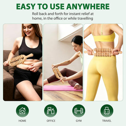 Liitrton Manual Wooden Massage Roller Stick for Muscle Relief, 11-Wheel