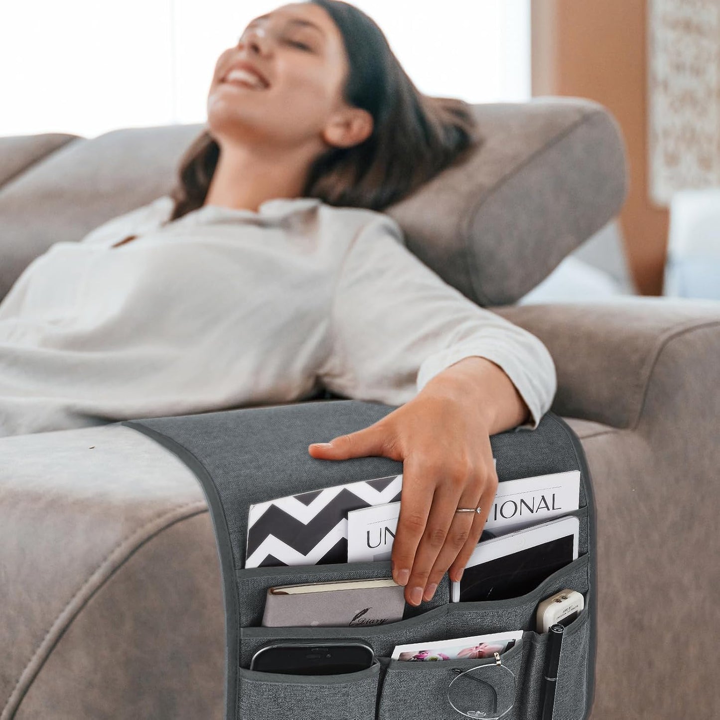 Teniux Remote Control Holder GRS Certified Armchair Caddy for Recliner Couch, Recycled Material Non-Slip Armrest Organizer with 5 Pockets for Magazine, Tablet, Phone, iPad (Dark Grey)
