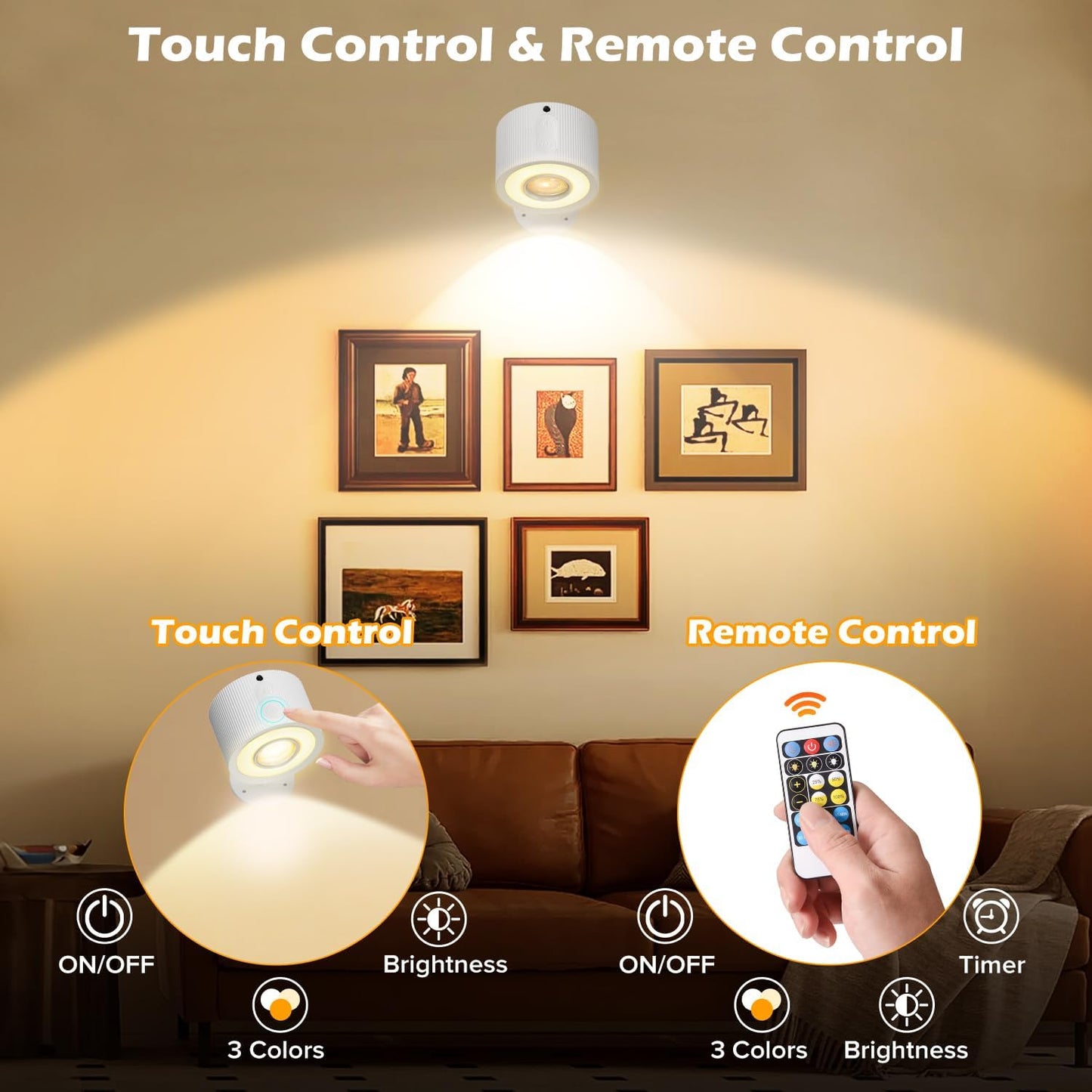 LED Wall Mounted Lights 4 Psc with Remote, 3000mAh Rechargeable Battery Operated Wall Sconces, 3 Lighting Modes & Dimmable, 360°Rotate Cordless Wall Light for Bedroom Bedside Reading Study (White)