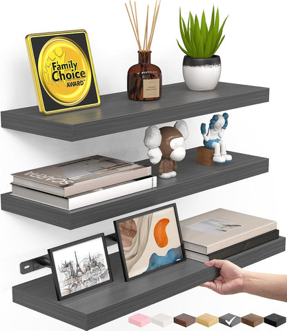 BAYKA Rustic Brown Floating Shelves 22.5in, Set of 2, Wall Mount Wood Shelf | Easy Install, 22lbs Max Load, Hidden Bracket, for Bathroom Bedroom Living Room or Kitchen, Hanging Shelf Book Decor Storage