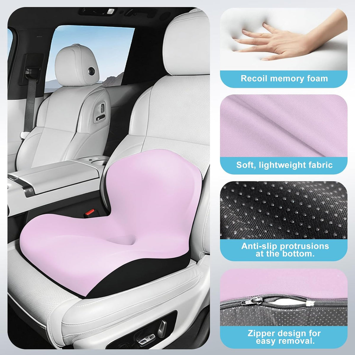 Seat Cushion for Office Chair and Car, L-Shaped Ergonomic Car Seat Cushions, Memory Foam Chair Cushion, Lumbar Support Pillow for Wheelchair, Car, Home, Office, Desk, Black