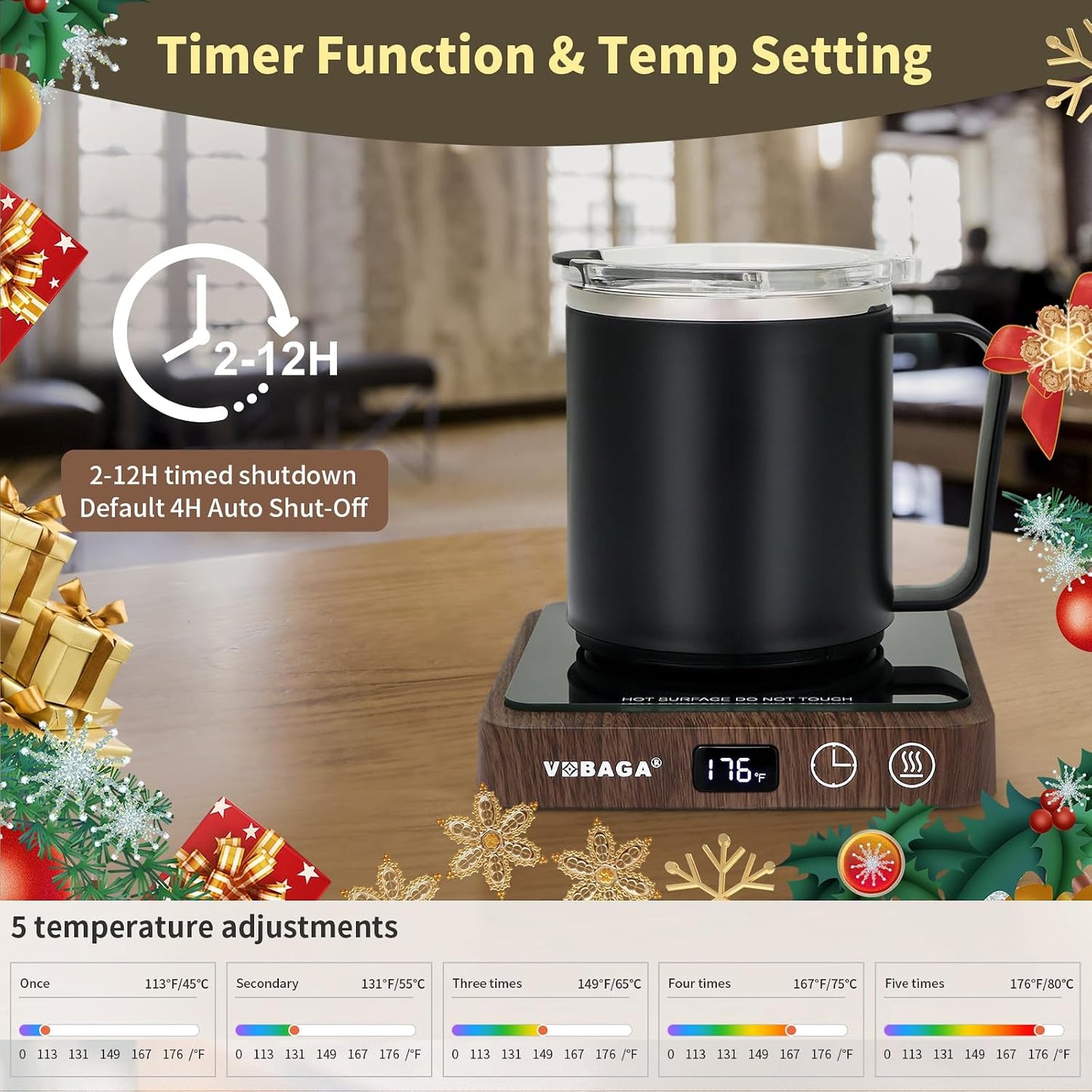 VOBAGA Mug Warmer, Coffee Cup Warmer for Desk with 5 Temp Settings & 2-12H Timer, Smart Candle Warmer & Coffee Warmer with Display for Fastest Heating Coffee, Cocoa, Ideal Coffee Gifts(No Cup)