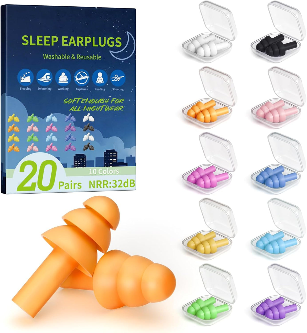 20 Pairs Ear Plugs for Sleeping, Reusable 32 dB (NRR) Noise Reduction for Side Sleepers, Swimming, Showering, Travel, Soft & Comfortable Fit, Hearing Protection, Comes with Separate Storage Cases