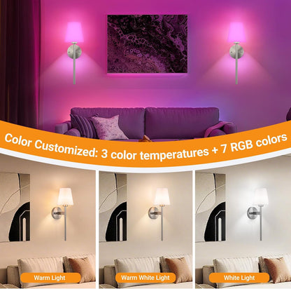 Battery Operated Wall Sconces Set Of Two, Wireless Battery Wall Light With 10000mAh RGB Rechargeable Magnetic Bulb, Rechargeable Wall Sconce With Remote Control For Bedroom, No Electrician Required