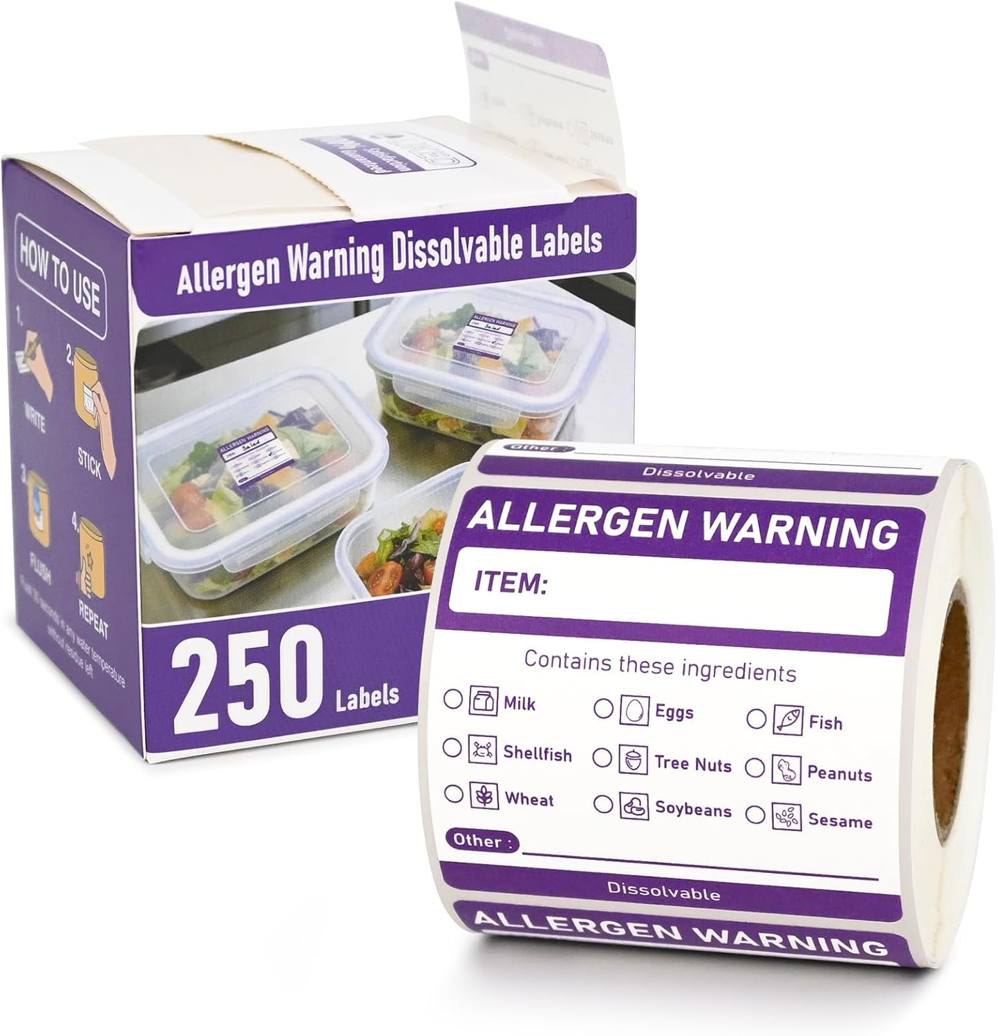 L LIKED 250 Pcs Purple Allergen Alert Dissolvable Labels 2"x2" | Standard 9 allergen checklist, PFAS free, biodegradable. Includes dispenser box. For food service, restaurants & meal prep
