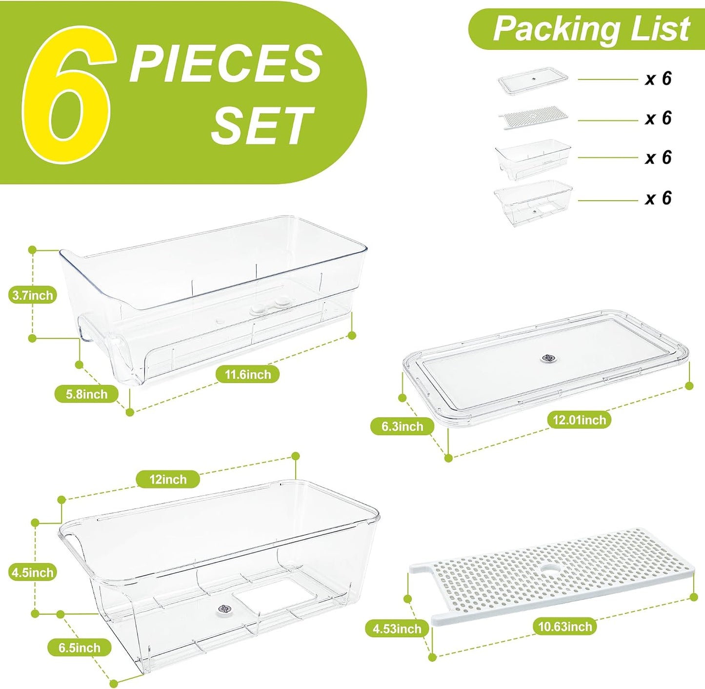 4-Pack Refrigerator Drawer Organizer Bins, Clear Stackable Pull Out Fridge Organizers and Storage Container, with Strainer Layer for Fruits, Vegetables, Drinks, Snack and Food
