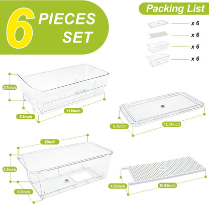 4-Pack Refrigerator Drawer Organizer Bins, Clear Stackable Pull Out Fridge Organizers and Storage Container, with Strainer Layer for Fruits, Vegetables, Drinks, Snack and Food