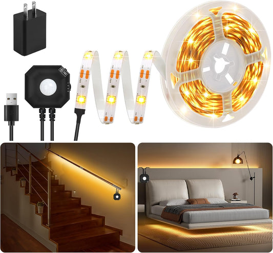 Motion Activated LED Strip Lights,2-Packs 9.8Ft Warm White Lighting | Motion Sensor Under Bed Lights, Auto Shut-Off Timer, USB Powered Auto On/Off Night Lighting for Indoor Bedside Cabinet Stairs