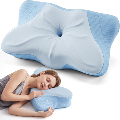 Sweetcrispy Cervical Pillow for Neck and Shoulder - Ergonomic Memory Foam Pillows, Contour Side Sleeper for Adults, Cooling Orthopedic Neck Support for Back Stomach Sleepers, White