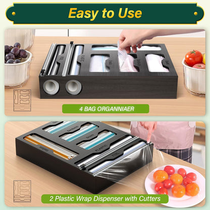 KOCWELL Bag Organizer and Plastic Wrap Dispenser with Cutter, 6 In 1 Bamboo Foil and Plastic Wrap Organizer for Kitchen Drawer, Food Storage Bag Organizer for Gallon,Quart,Sandwich,Snack(Yellow)