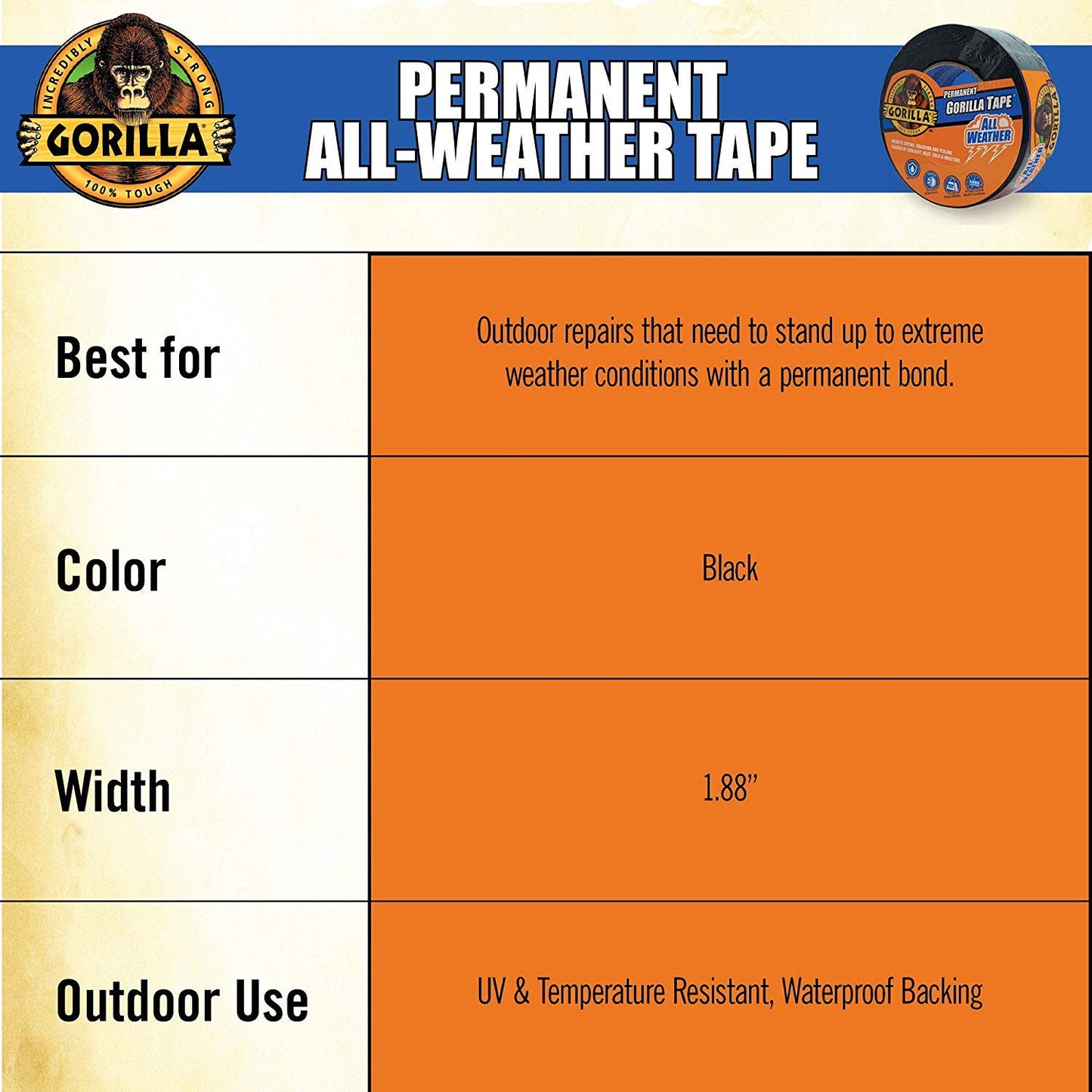 GORILLA All Weather Duct Tape, Black, 1.88" x 25 yd | UV and Temperature Resistant, Waterproof for Outdoor Repairs, Strong Adhesive Grip