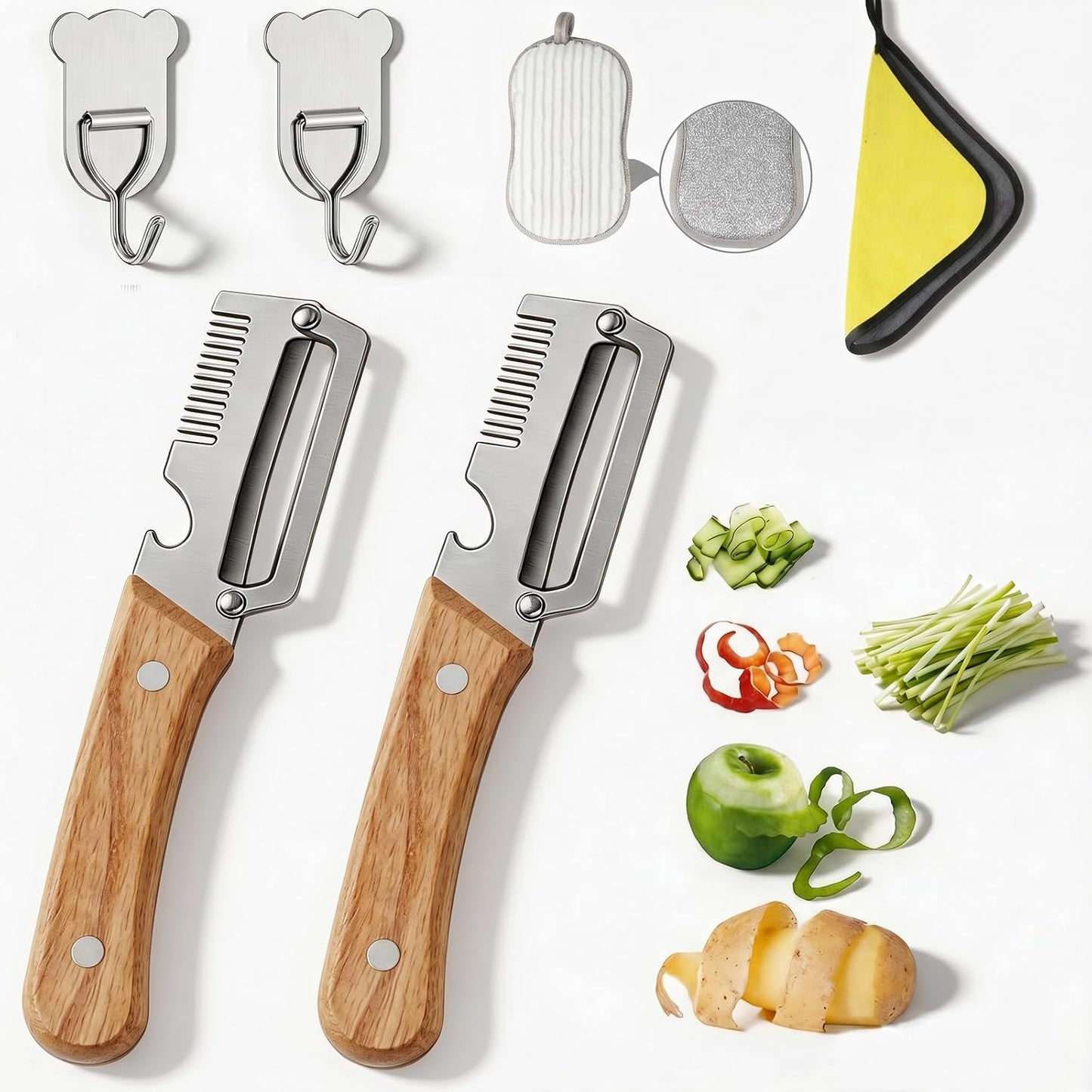 3-in-1 Vegetable Peeler for Kitchen: 2 Pack Wooden Handle Stainless Steel Scallion Shredder with Bottle Opener & Grater, Ergonomic Non-Slip Peeling Tool for Potatoes
