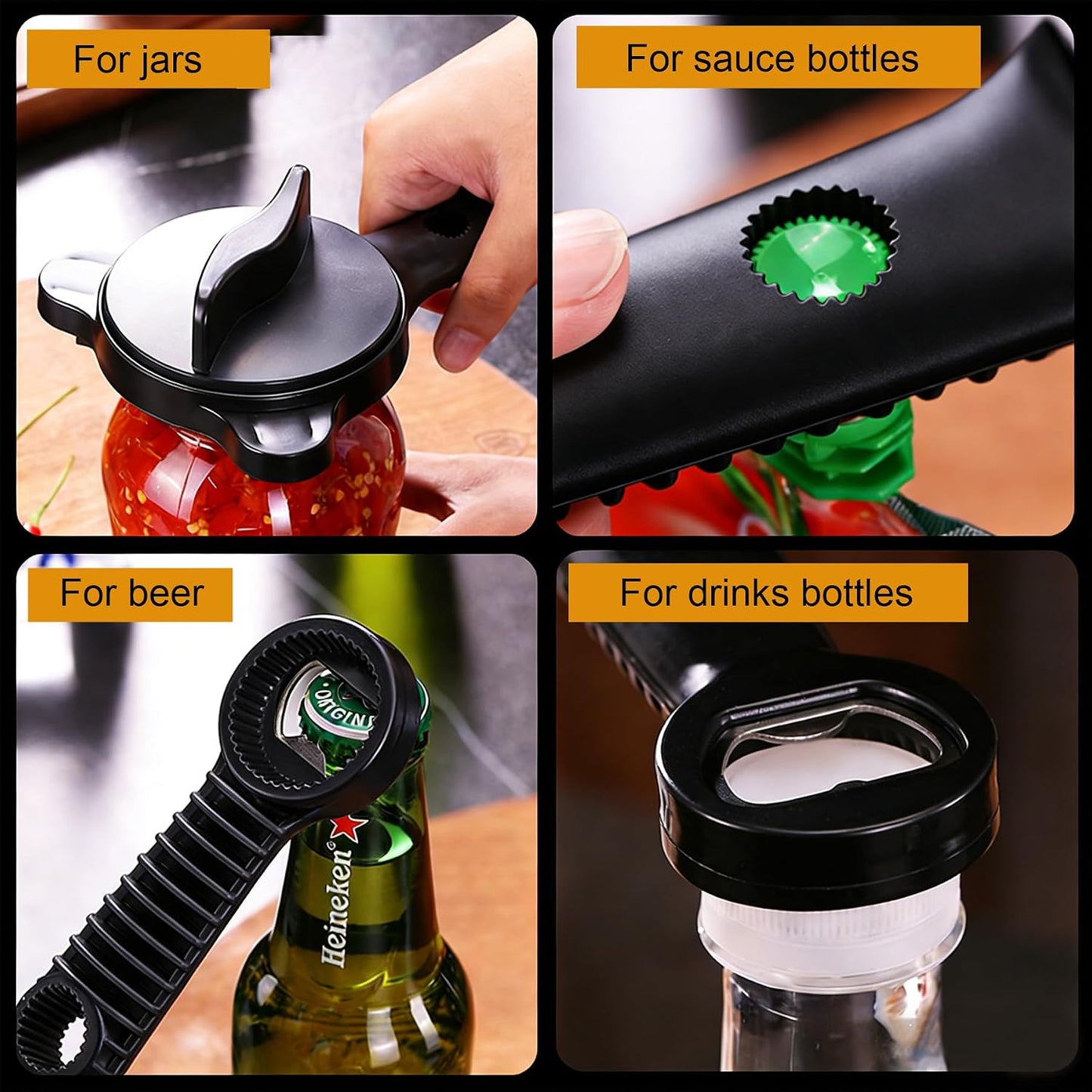4-in-1 Jar Opener for Weak Hands, Adjustable Lid & Bottle Opener Black | Ergonomic non-slip grip for arthritis hands, opens jars bottles cans, adjustable multi-size lid remover, durable kitchen tool