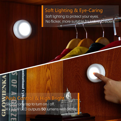 STAR-SPANGLED 2.8” LED Puck Lights Under Cabinet AAA Battery, 5 Pack White | Mini Touch Lamp Battery Operated Powered, DIY Strong Adhesive Stick on Push Tap Light for Kitchen, Closet, Pantry, Shelf