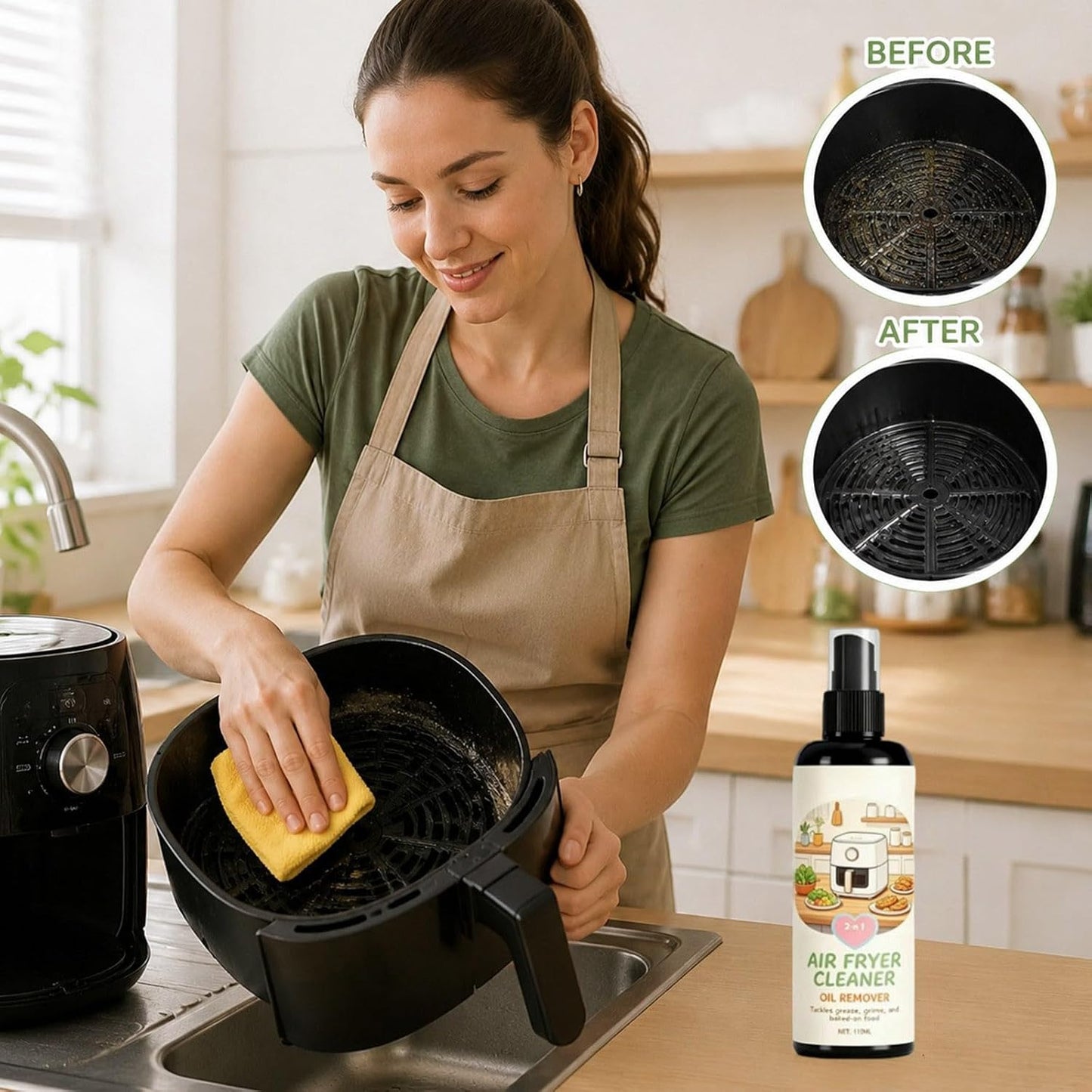 2 in 1 Air Fryer Cleaner & Degreaser Spray, Instantly Dissolves Baked-On Grease, Safe Non-Stick Coating No-Scratch Formula For Baskets, Racks & Trays (2)