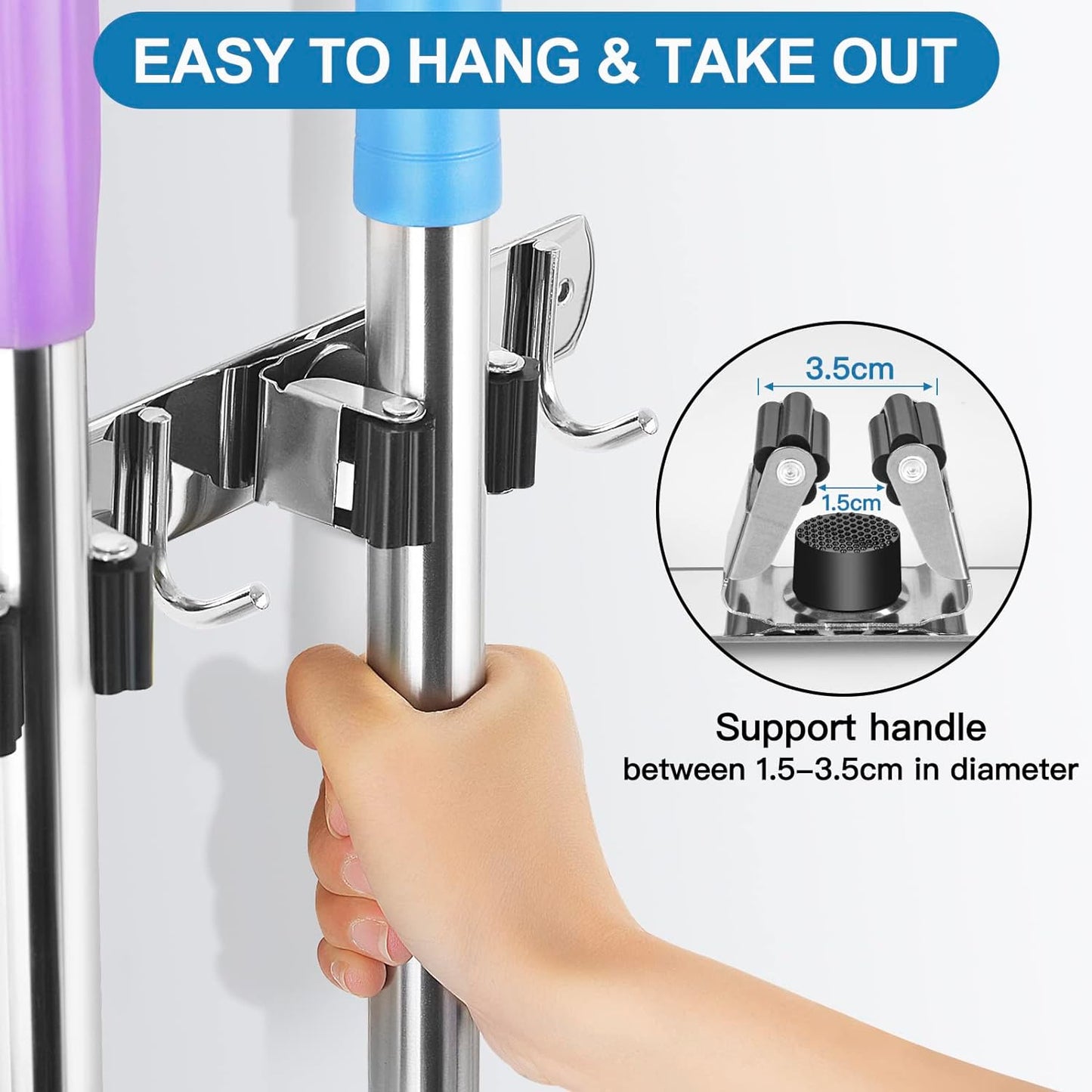 IMILLET 2 Pack Broom Holder Wall Mount Stainless Steel Mop Organizer | 5 Racks 4 Hooks Heavy Duty Garage Organization Storage,Broom and Mop Organizer Wall Hanging Self Adhesive for Laundry Room