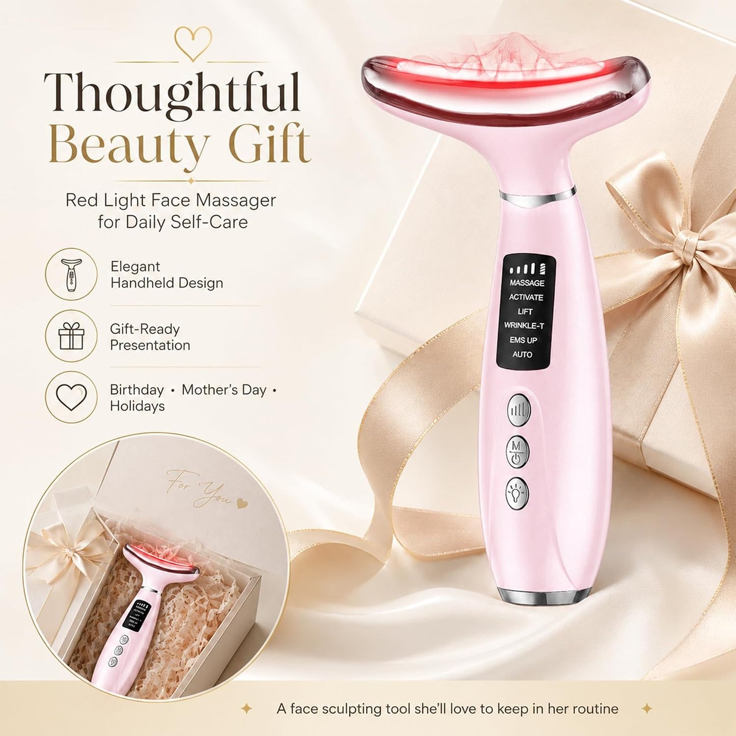 Red Light Therapy for Face and Neck, 7-Color LED Face Massager | Rechargeable Facial massager and Face Sculpting Tool with Heat, Vibration, Anti-aging, Wrinkle Reduction, Gift for women