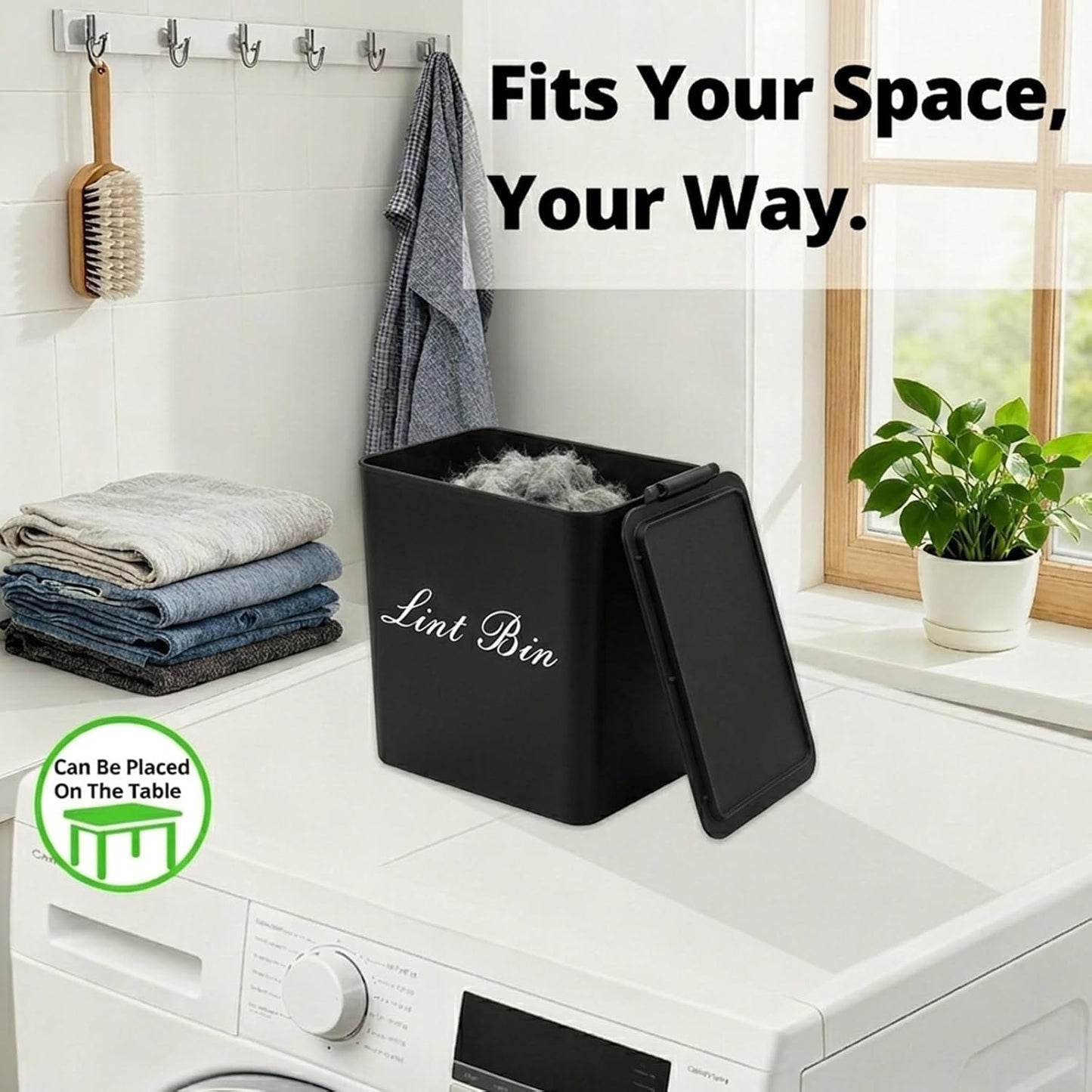 Artilife Magnetic Dryer Lint Bin with Lid, 6 x 5 in White ABS Plastic | Compact 1.8L dryer lint holder mounts to metal appliances without tools; fitted lid hides lint and sheets for laundry room
