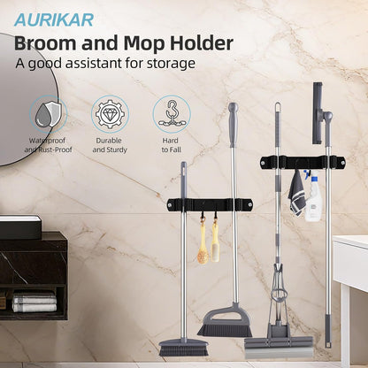 Broom Holder Wall Mount, Stainless Steel Mop and Broom Organizer, Broom Hanger with 2 Slots 2 Hooks for Home Kitchen, Garage, Garden and Laundry Room, Black