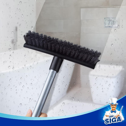 MR.SIGA Floor Scrub Brush with Long Handle for Cleaning Cleaning Bathroom | Shower floor scrubber, 2 in 1 scrubber and squeegee for cleaning patio, garage, wall, tile with stiff Bristles
