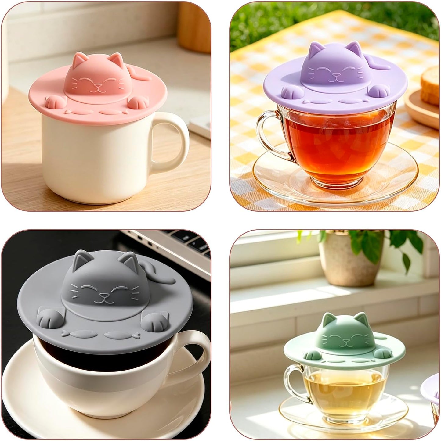 Enenes 4 Pack Silicone Tea Bag Holder and Squeezer, 4 Inch Cat-Shaped Cup Lid Cover for Tea Bags, Reusable Dishwasher Safe Mug Cover for Tea Cups and Coffee Mugs