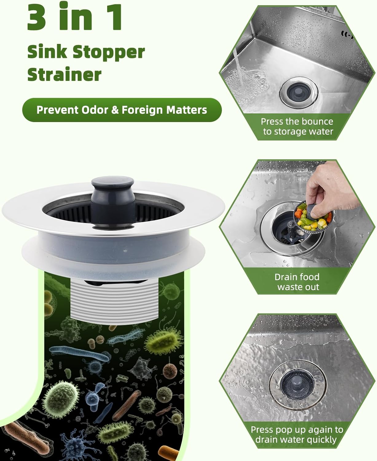 Universal 3 in 1 Kitchen Sink Drain Strainer Stopper Combo, Matte Black | Stainless Steel Shell Pop Up Sink Stopper for US Standard 3-1/2 inch Drain Filter, Anti-Clog and Easy Clean