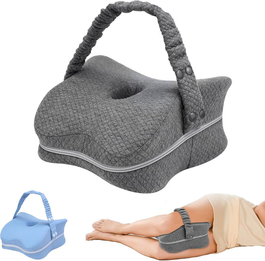 LITTOAK Knee Pillow for Side Sleepers & Sciatica Pain Relief | Leg Pillow for Side Sleeping with Detachable and Adjustable Strap, Two Covers, Blue& Grey, One Pillow Only