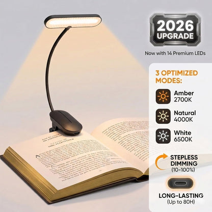 Clip-On Book Light for Reading at Night - Rechargeable 14 LEDs with 3 Color Modes & Stepless Dimming, Eye-Care USB-C Charging, 70-Hours, 360° Flexible Gooseneck - Perfect for Books, Bedtime Reading