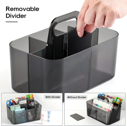 Multiuse Caddy Organizer with Handle, Portable Divided Plastic Tote Bin - Art Craft, Stationary Pen Marker Crayons, Makeup Hair Supplies Storage - Bathroom, Classroom, Dorm, Office, Desk Holder - Grey