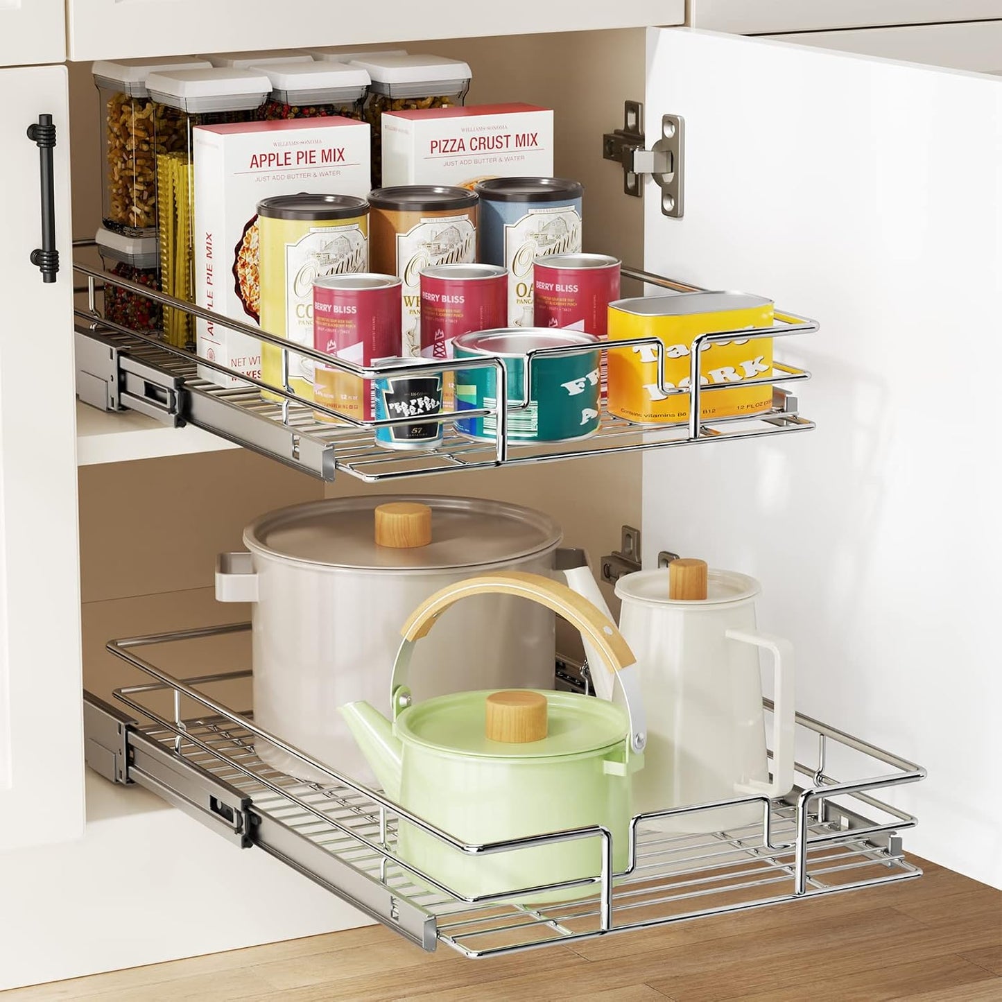 LOVMOR 2 Tier Individual Pull Out Cabinet Organizer 11" W x 18" D, Slide Out Kitchen Cabinet Storage Sliding Shelves