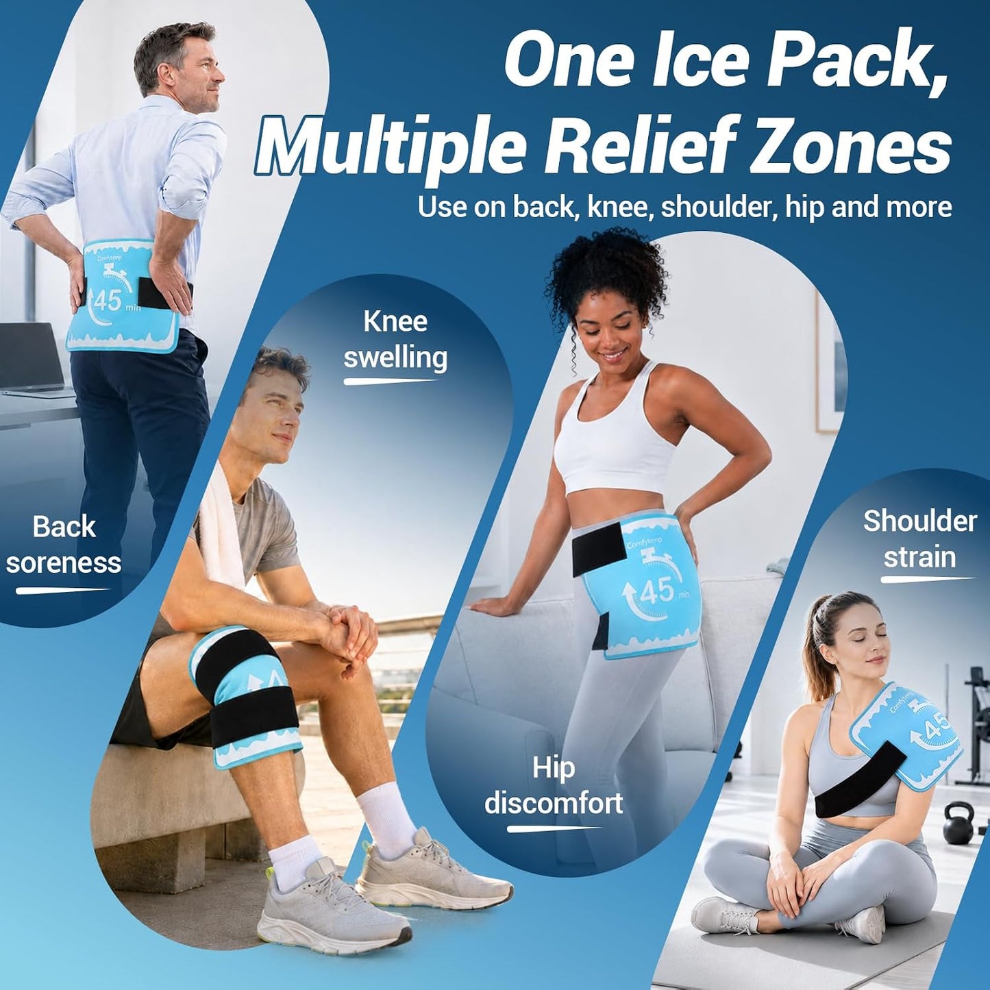 Comfytemp 45Min Long-Lasting Ice Pack for Injuries Reusable | Large Gel Cold Pack with 2 Detachable Straps, Flexible Ice Pack Wrap for Back Shoulder Knee, Hot Cold Compress, 11"x15"