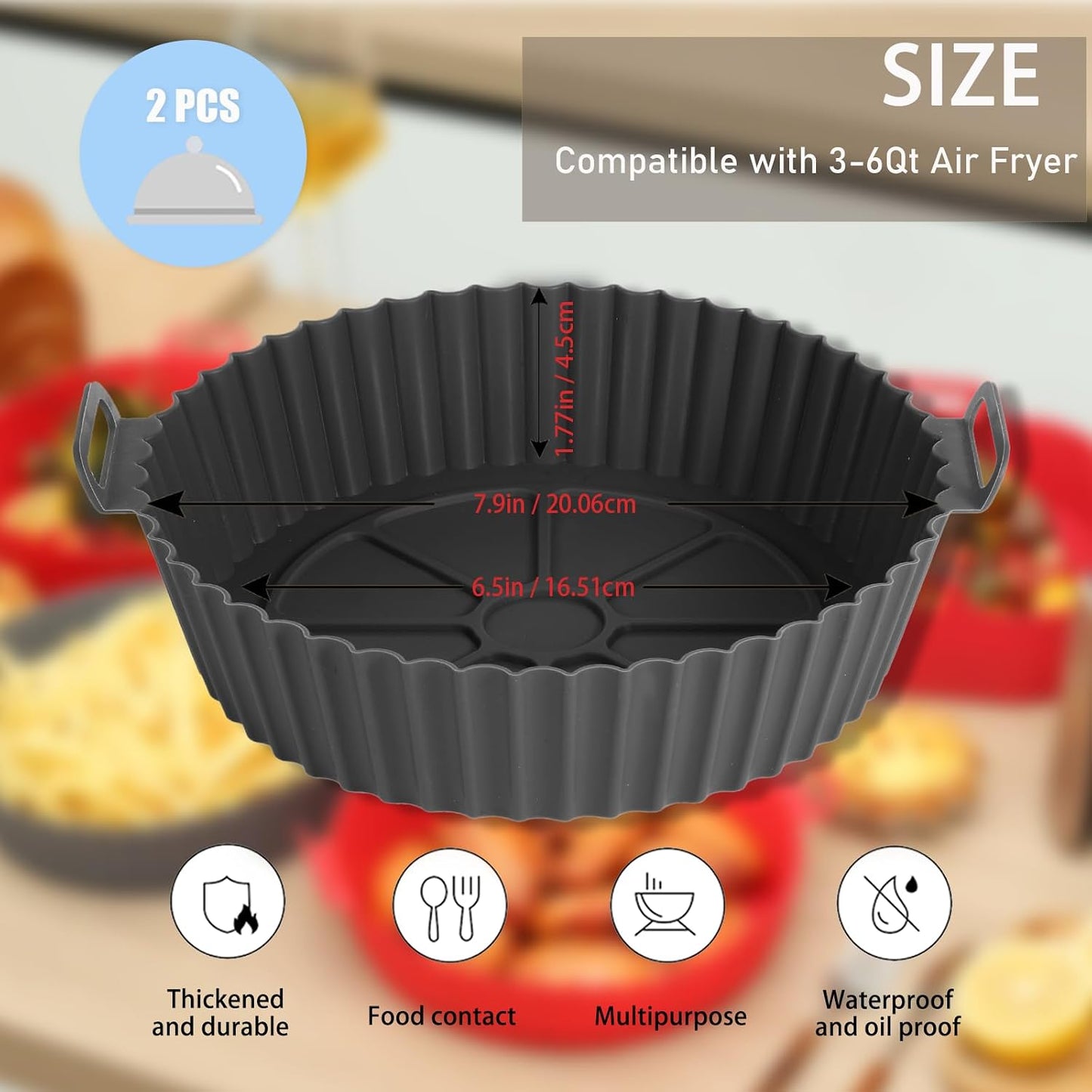 Silicone Air Fryer Liners Square,Pot 2Pcs 7.5inch Reusable Air Fryer Basket | Foopama Fit 3-6qt Reusable Non-Stick Silicone Liners Air Fryer Accessories for Air Fryer Inserts Oven Baking Tray Microwave