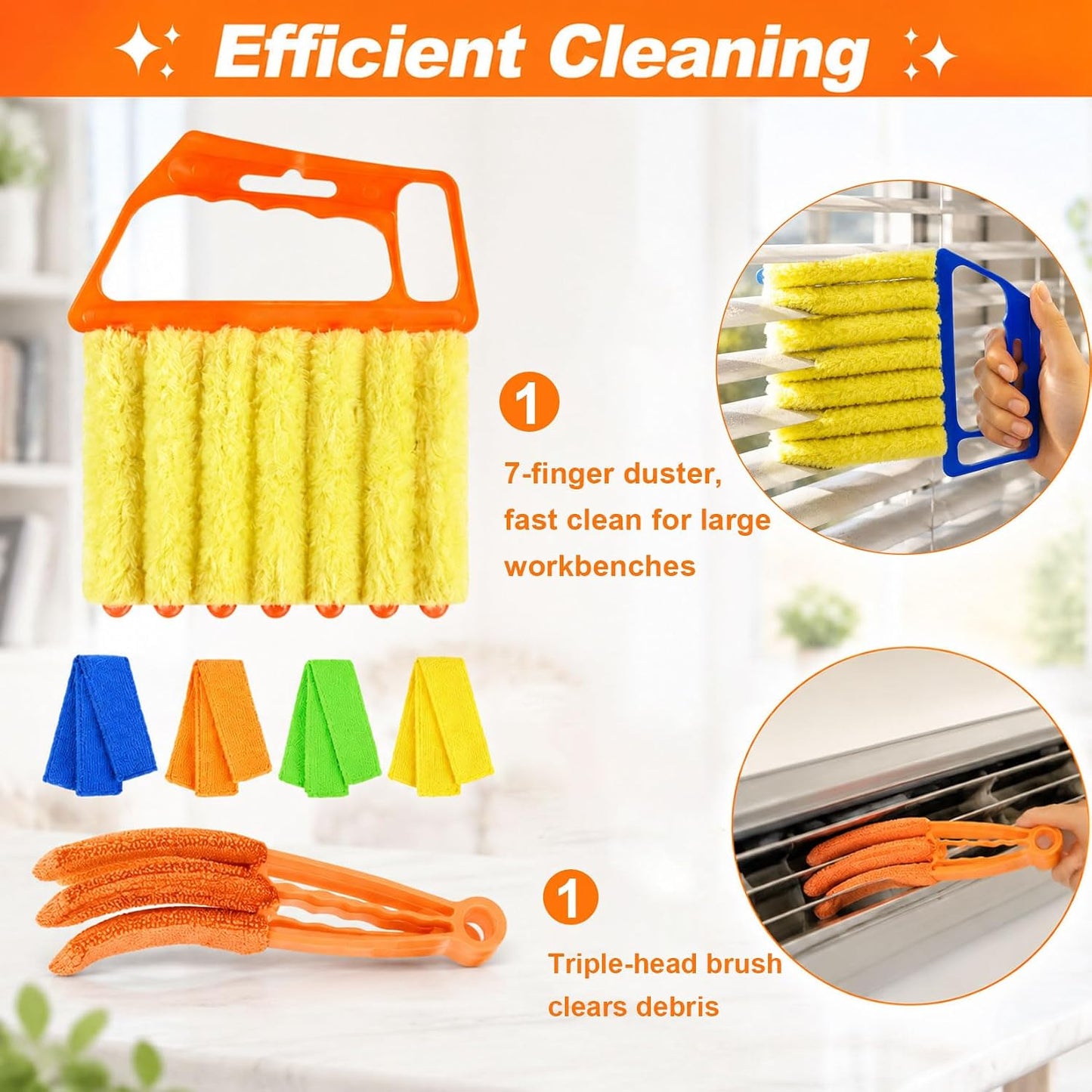 4 Pcs Window Venetian Blind Cleaner Duster Tool with 7 Fingers | Washable Microfiber For AC Vents, Car Vents, Fans, Louvers. Reusable Design Traps Dust. Includes 4 Extra Cloths.