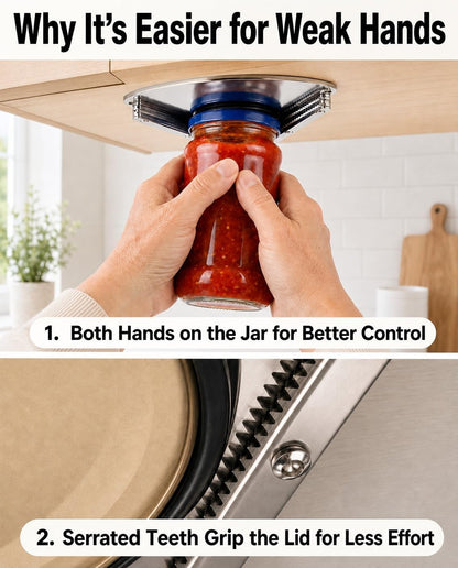 Under Cabinet Jar Opener for Seniors with Weak Hands, All Metal Easy Grip Lid Opener Under Cabinet for Arthritis Hands, Bonus 2 Rubber Jar Openers
