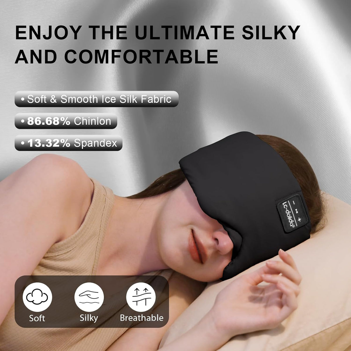 LC-dolida Luxurious Silk Soft Sleep Mask, Sleep Headphones with Bluetooth 5.4 for Side Sleeper, Total Blackout Eye Sleeping Mask for Women and Men, Ideal Gift for Restful Sleep, Travel(Black)