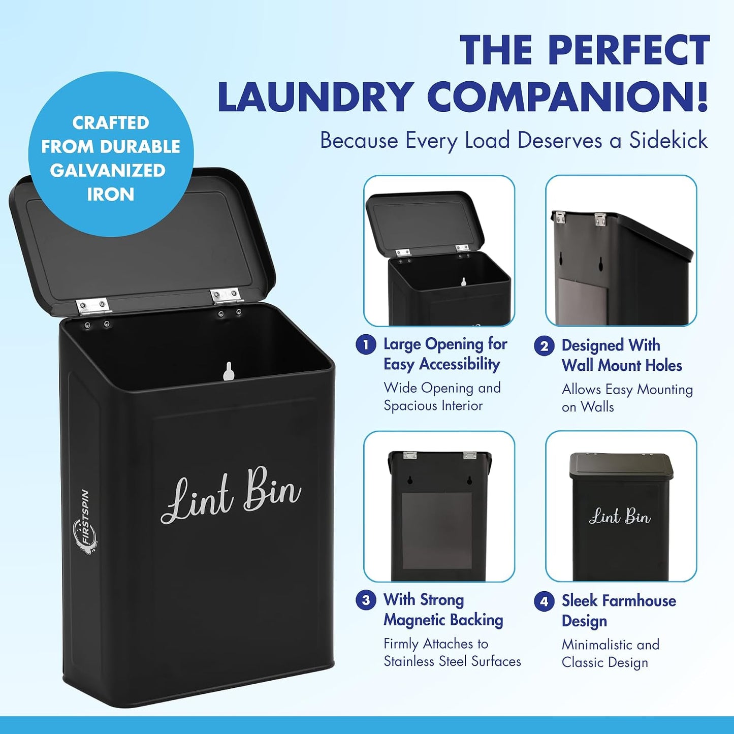 Magnetic Lint Bin for Laundry Room – Black Metal Lint Holder with Lid – Wall Mount & Magnetic Trash Can – Modern Farmhouse Style for Laundry Room Organization and Storage