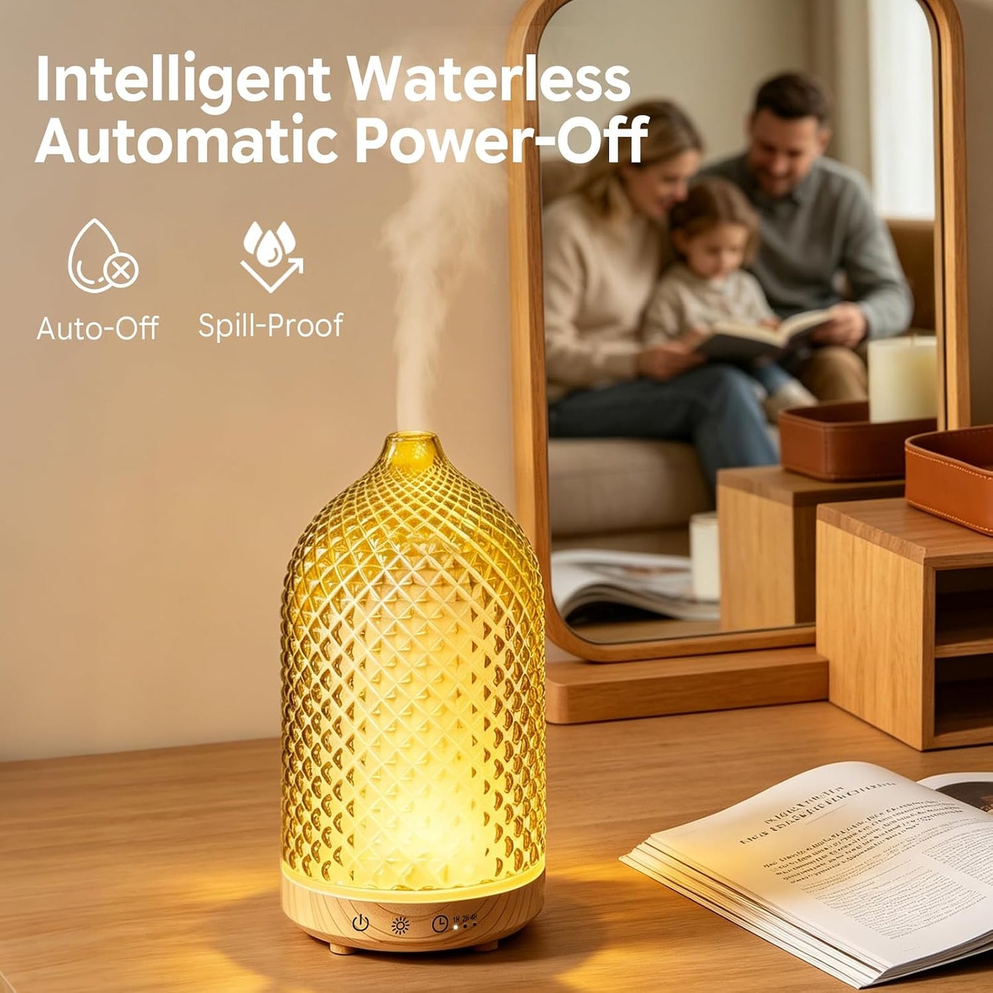 Essential Oil Diffuser 150ml, Glass Diffuser with Ultrasonic Small Humidifier, 7 Color Lights, 1/2/4H Timer, Quiet Auto Shut-Off Oil Diffuser for Bedroom, Home, Office (Silvery)