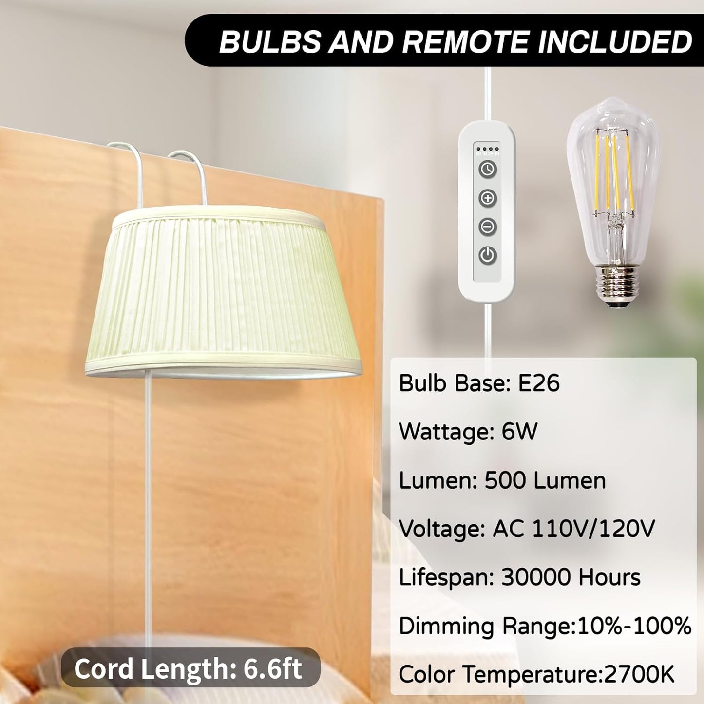 NITOWOLF Bed Reading Light, Headboard Light Reading Lights for Books in Bed with Adjustable Hook, Eye Caring Soft Fabric Shade Bedtime Reading Lamp Plug in, LED Bulb Included (Beige)