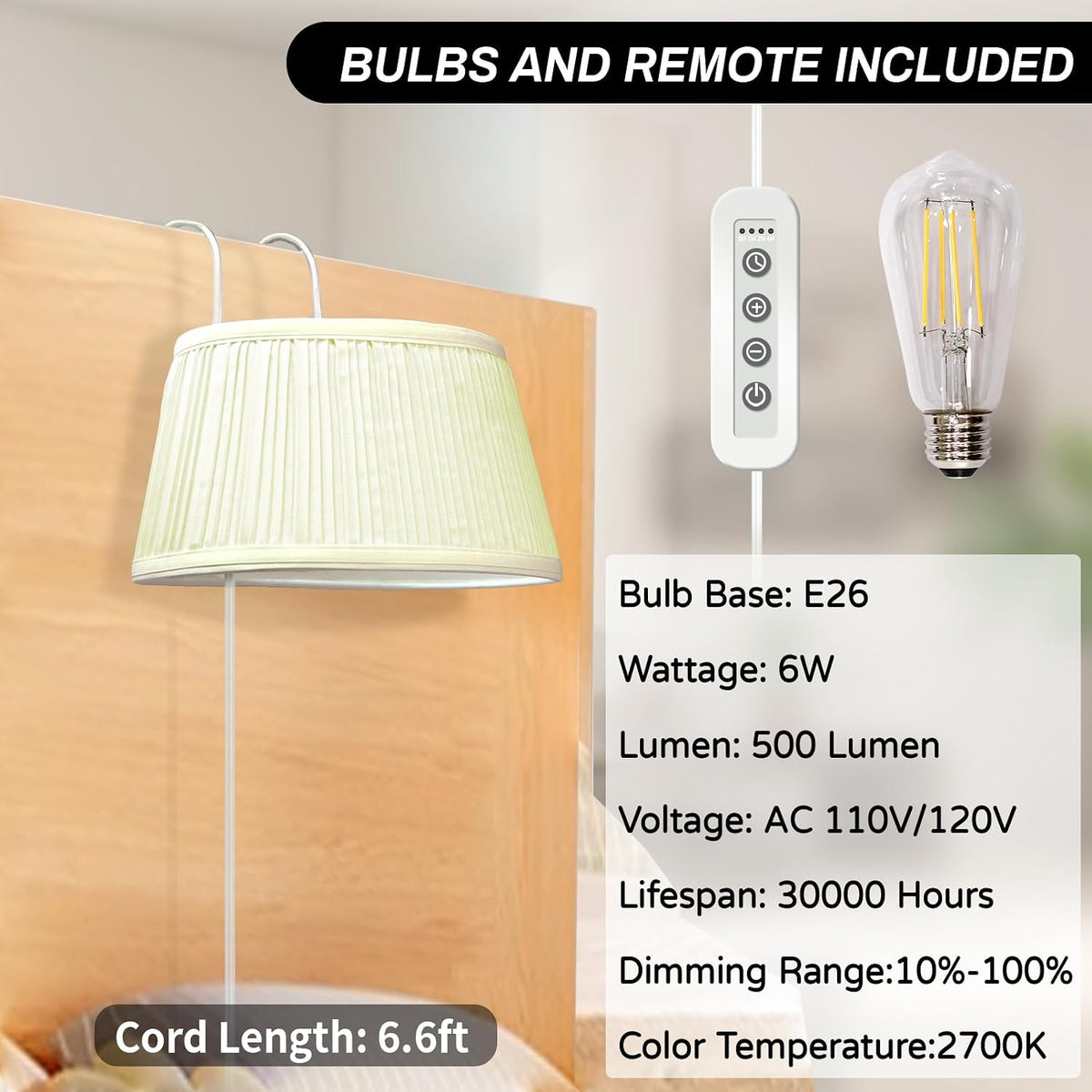 NITOWOLF Bed Reading Light, Headboard Light Reading Lights for Books in Bed with Adjustable Hook, Eye Caring Soft Fabric Shade Bedtime Reading Lamp Plug in, LED Bulb Included (Beige)