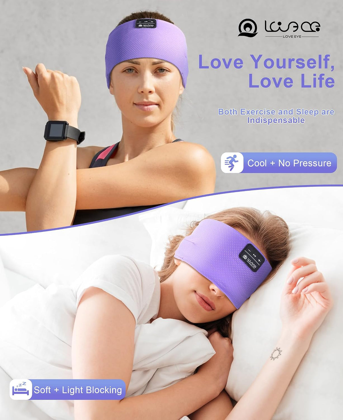 LOVE EYE Wireless Bluetooth 5.4 Sleep Headband Headphones for Side Sleeper