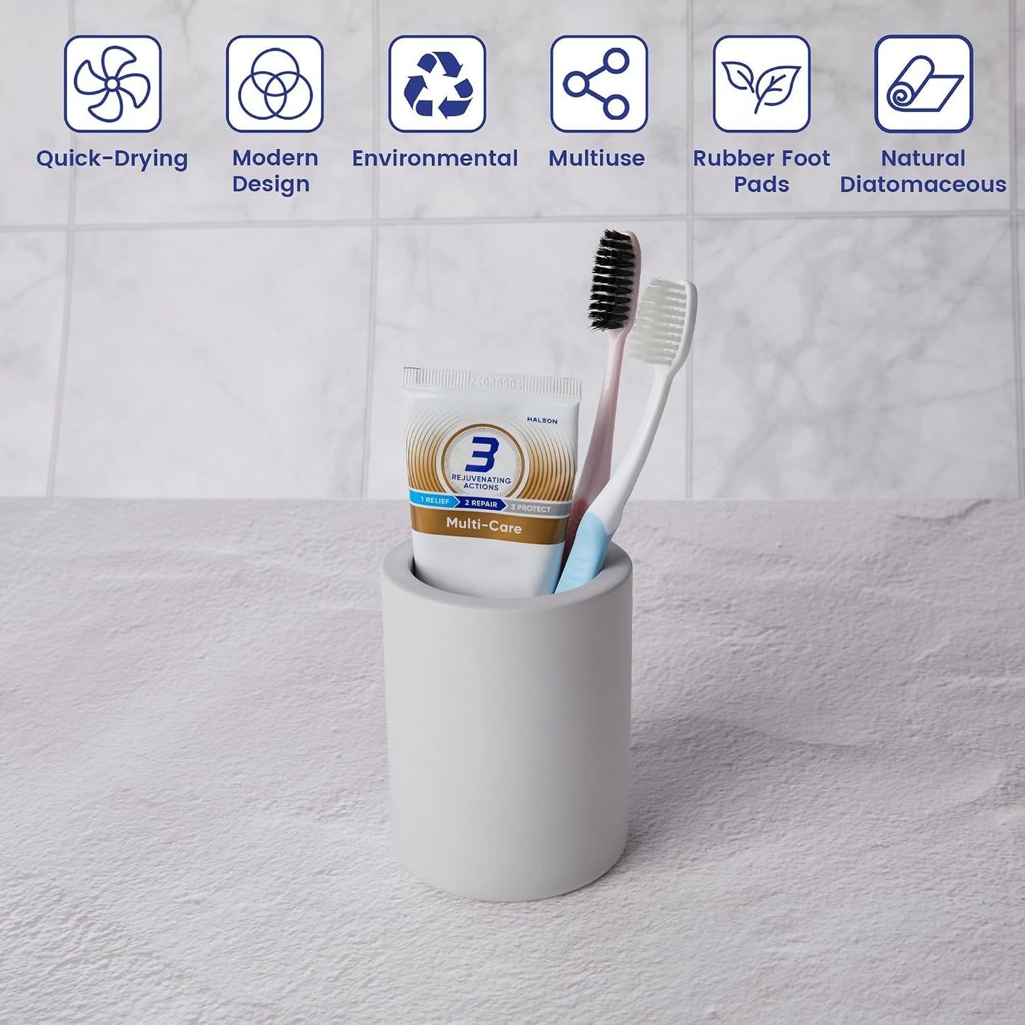 Drying Stone Toothbrush Holder, Diatomite Toothbrush Holders for Bathroom Counter, Quick Drying Electric Toothbrush and Toothpaste Holder Bathroom Organizer, Marble White