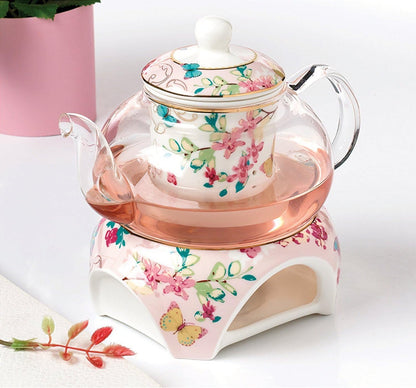 YBKTEX Glass Teapot with Ceramic Warmer- Butterflies Pattern (Pink)