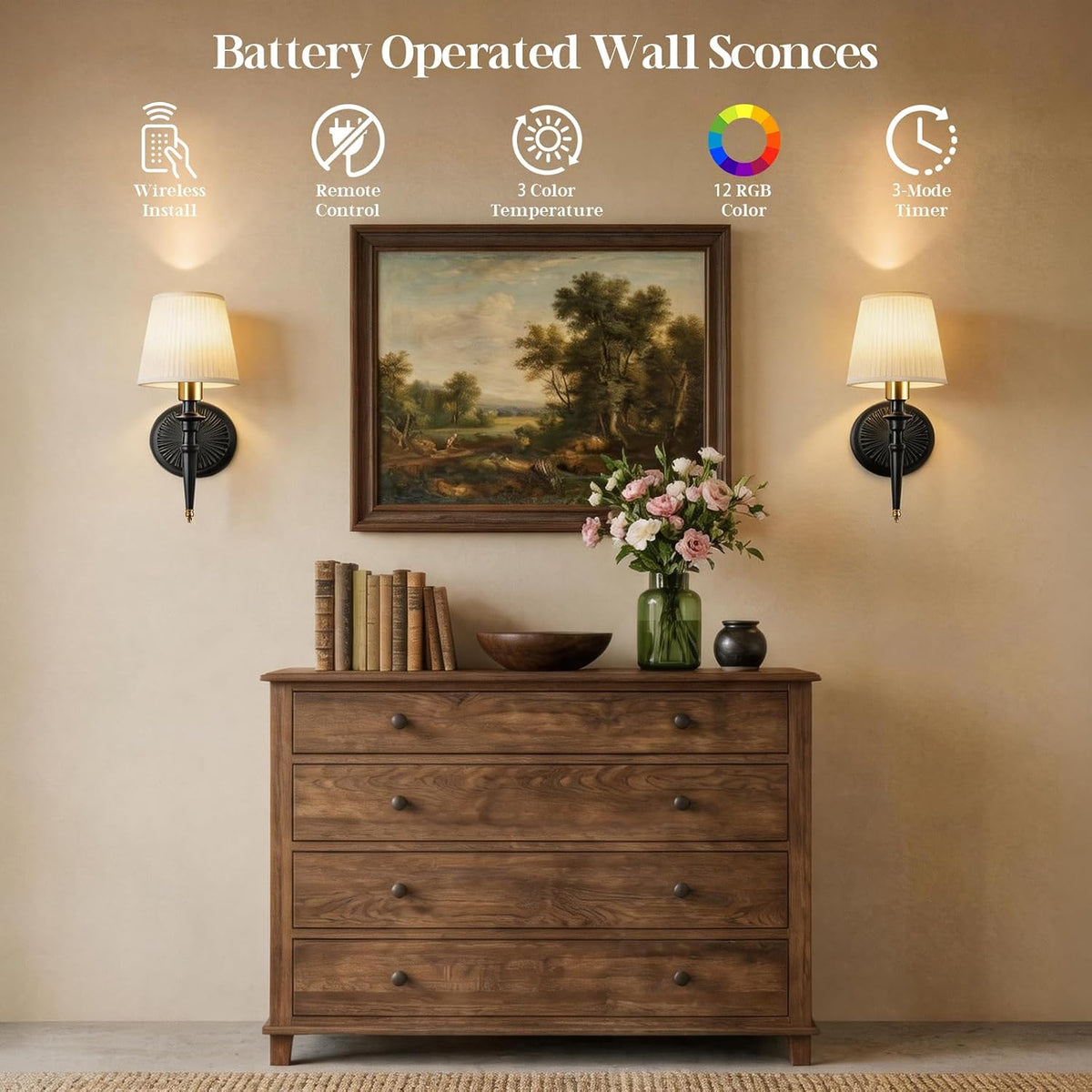 Battery Operated Wall Sconces Set of 2, Wireless Rechargeable Wall Lights with 12 RGB Colors and 3CCT Dimmable, Small Fabric LED Wall Lamps for Bedroom, Living Room, Hallway, Gold