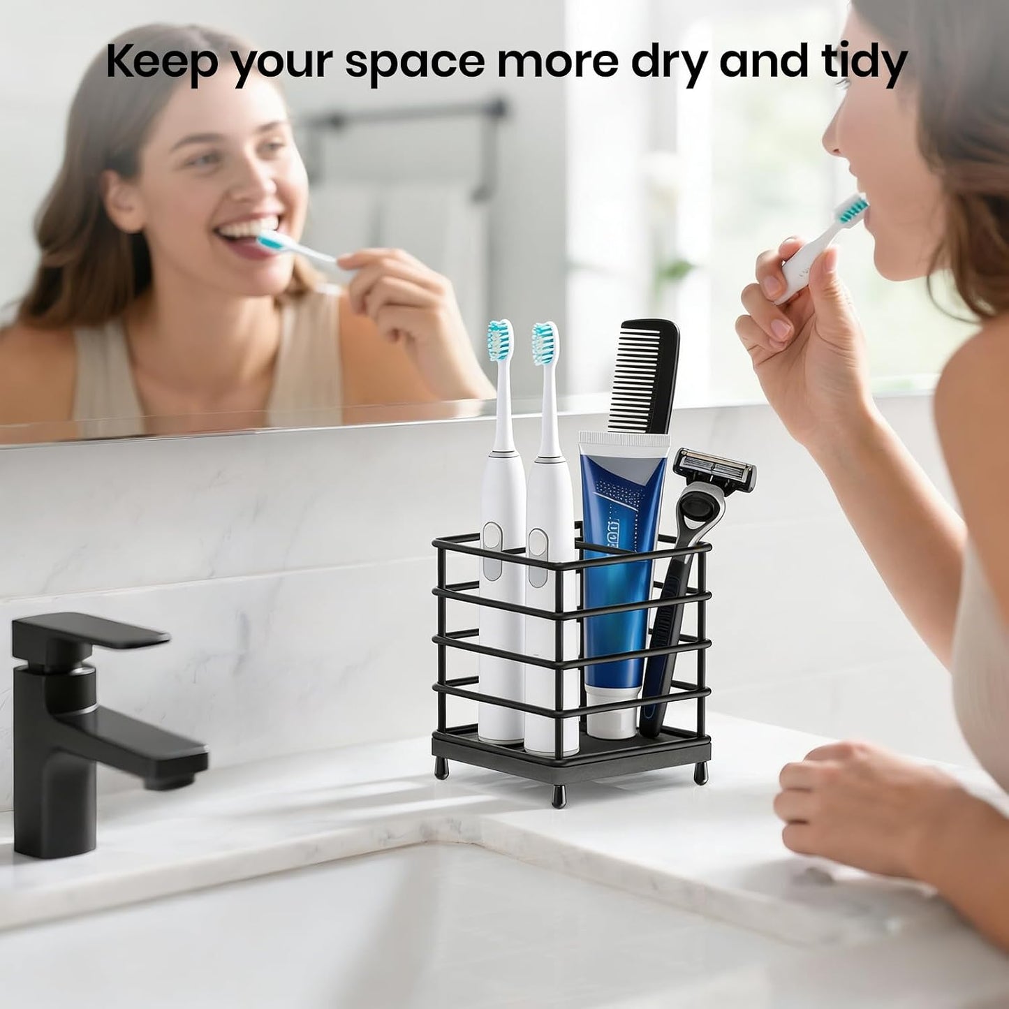 Toothbrush Holder with Quick Drying Mat—Toothbrush and Toothpaste Holders for Bathrooms—5 Slots Openwork Design Black Toothbrush Holder Set,Bathroom Counter Organizer for Electric Toothbrush