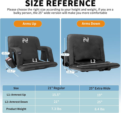 Wide Heated Stadium Seat for Bleachers w/Back Support & Cushion | 5-Position Adjustable Heated Stadium Seat with Armrests, 3 Heat Levels, Anti-Slip, Side Pockets, Backpack Straps (No Battery)