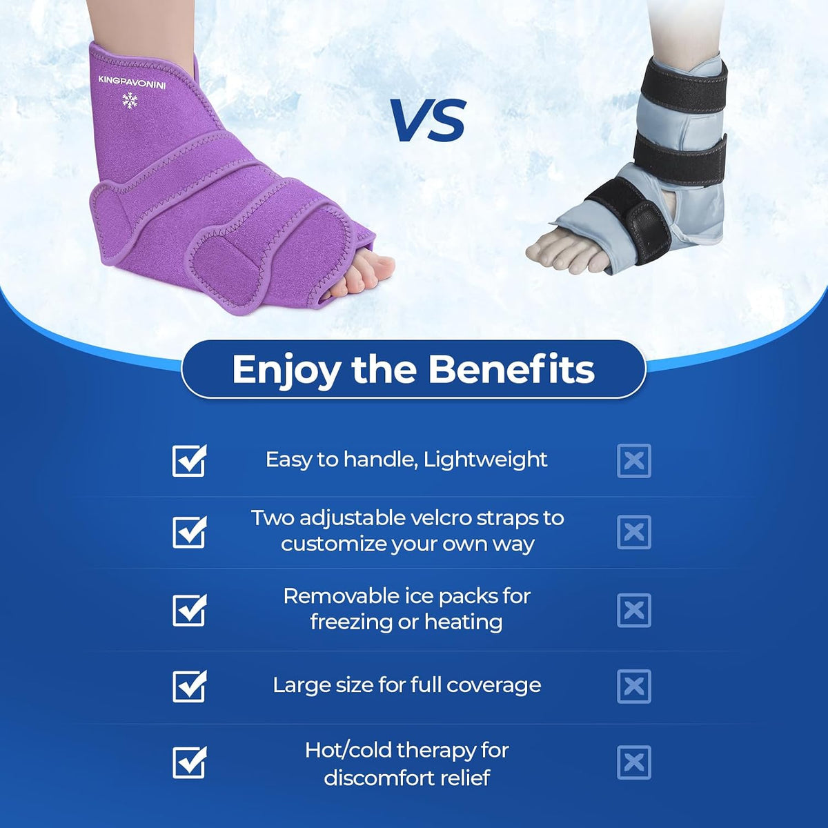 KingPavonini Ankle Foot Ice Pack Wrap, XL, Blue, 1 Wrap + 4 Gel Packs