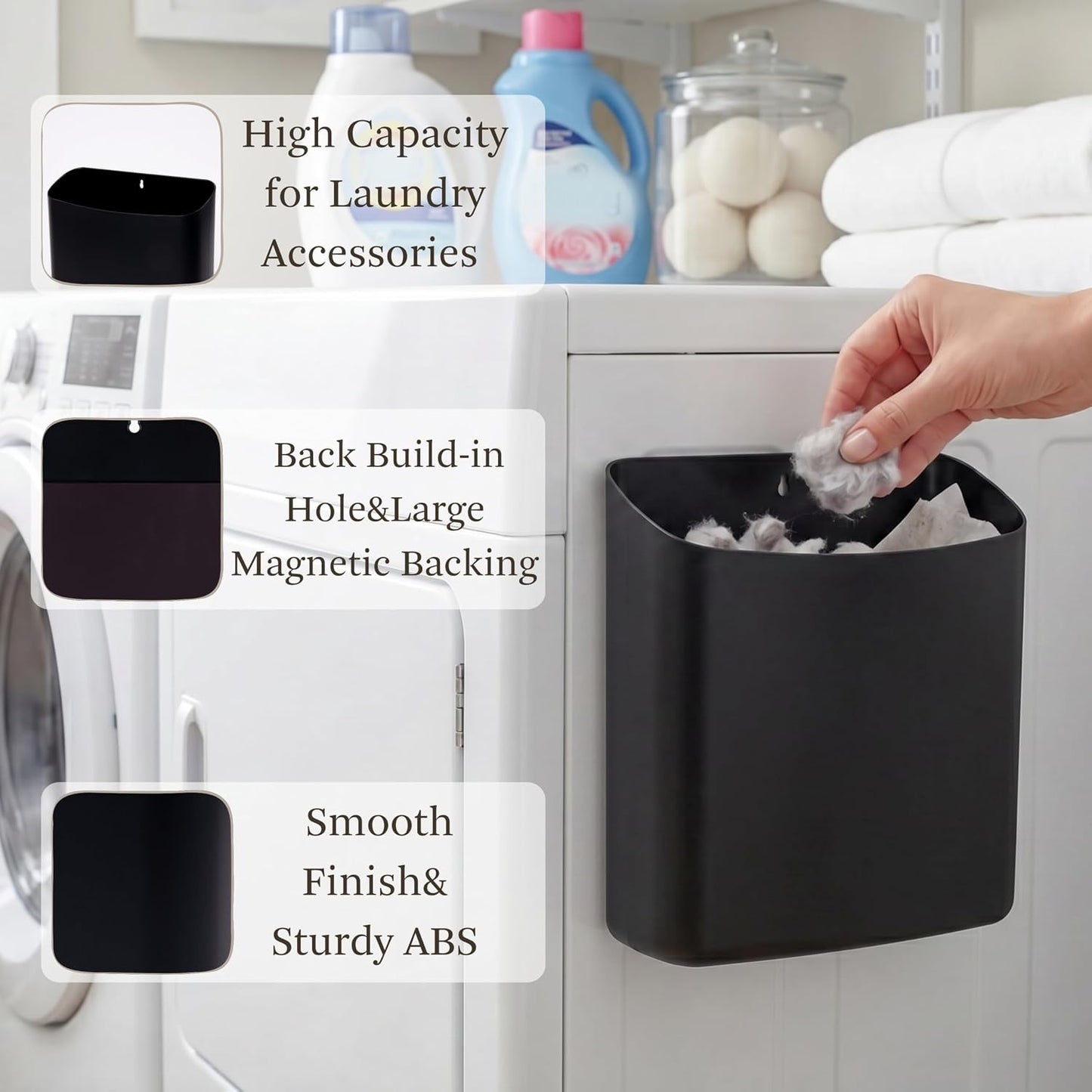 MONJITA Lint Bin for Laundry Room, Magnetic Lint Trash Can for Dryer, Modern Lint Holder, Lint Box for Laundry Room Organization, Wall Mounted Trash Can for Laundry Decor (Black)