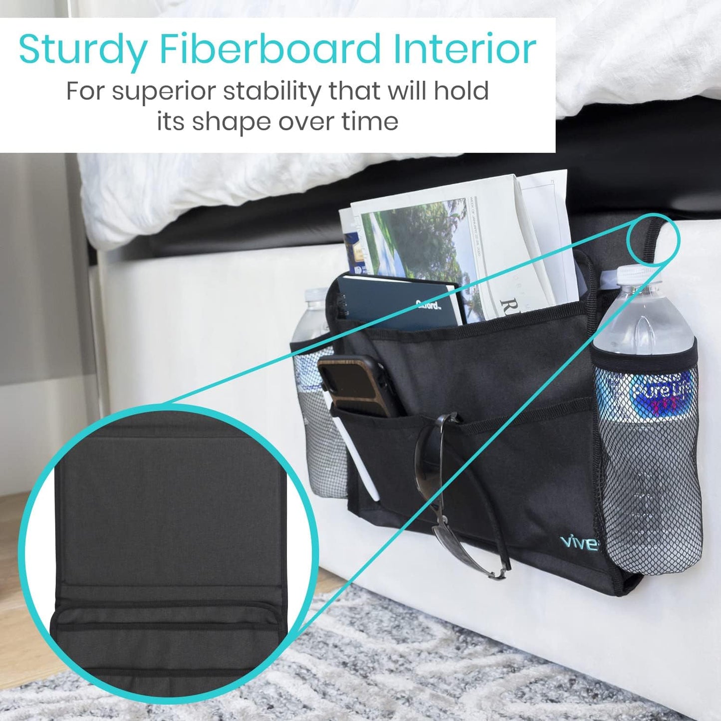 Vive Bedside Caddy - Bed Hanging Organizer - Storage Bag Shelf for College Dorm, Bedroom, Couch, Bunk - 8 Large Pockets with Charger Slots for Men and Women - Slides Under Mattress - Handle for Travel | Dorm, Bedroom, Couch, Bunk - 8 Large Pockets with
